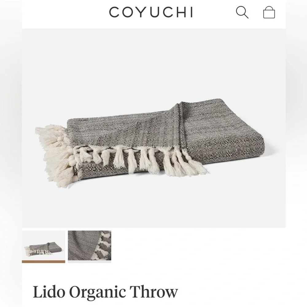 Coyuchi Gray Woven Lido Organic Throw with Cream Fringe